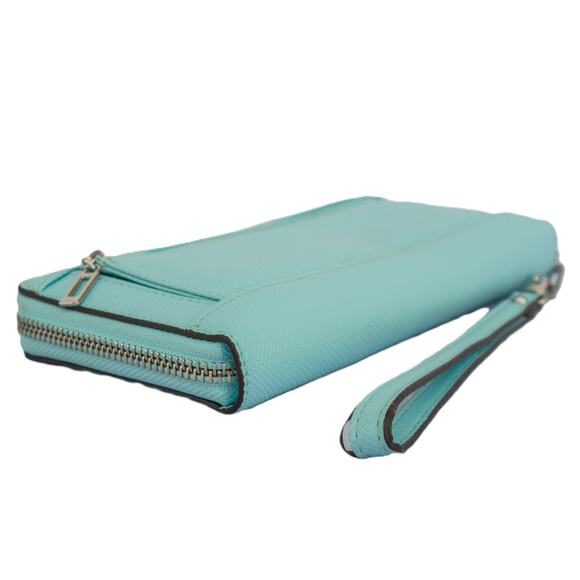 GUESS Katey Large Zip Around Wristlet Wallet Robin Egg Blue Faux Leather - Picture 3 of 7